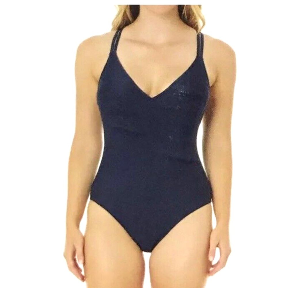NWT Hurley Women One Piece Cross Back Swimsuit Navy Blue Size 2XL $65 9HL069